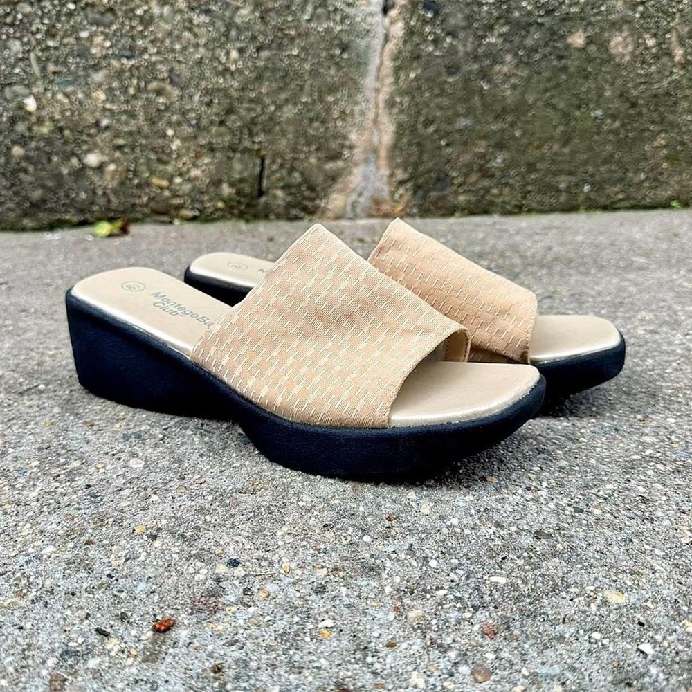 Y2K Platform Sandals Women's Size 8.5 Montego Bay Club Cream Black Slip On Boho‎